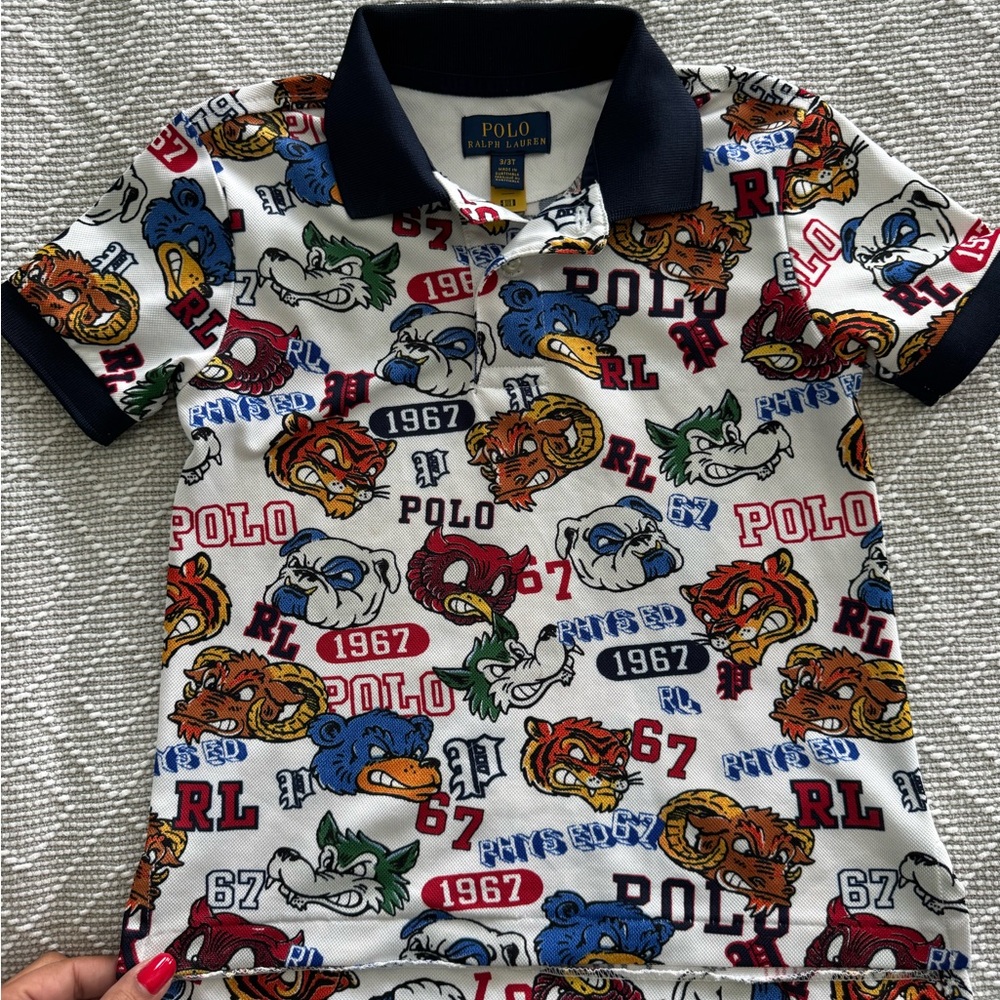 Polo by Ralph Lauren White Polo with Multicolor Mascot Print and Navy Trim